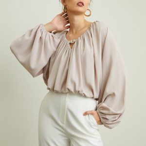 Plain V Neck Long Sleeve Elegant Top, Tops, color:As Picture|size:XXL, Stylewe
