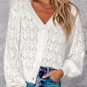 Casual Plain V Neck Cardigan, Sweaters, color:White|size:XXL, JustFashionNow