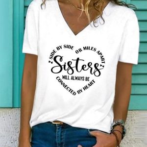 Sister Text Letters Casual V Neck Loose T-Shirt, T-Shirts, color:White|size:XXL, JustFashionNow