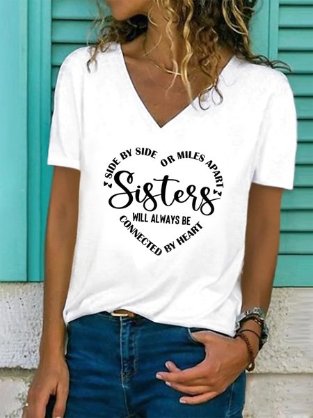 Sister Text Letters Casual V Neck Loose T-Shirt, T-Shirts, color:White|size:XXL, JustFashionNow