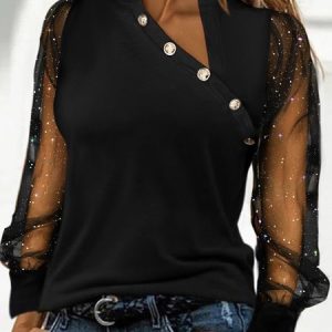 Plain Party Half Open Collar Top, Shirts & Blouses, color:Black|size:XXL, JustFashionNow
