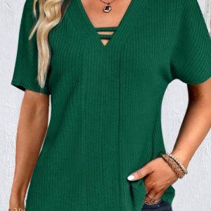 Casual V Neck Loose Plain Shirt, Shirts & Blouses, color:Green|size:XXL, JustFashionNow