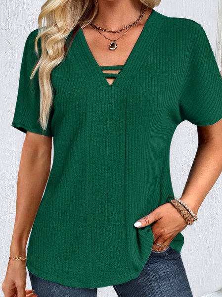Casual V Neck Loose Plain Shirt, Shirts & Blouses, color:Green|size:XXL, JustFashionNow