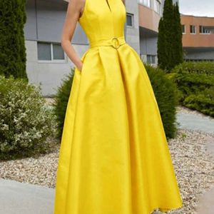 Regular Fit V Neck Elegant Plain Dress, Maxi Dresses, color:Yellow|size:XXL, Stylewe