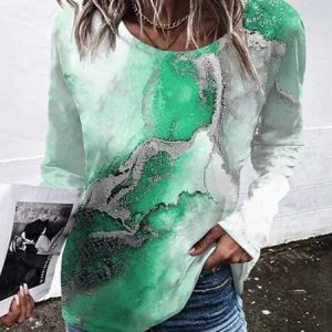 Casual Abstract Crew Neck Long Sleeve T-shirt, T-shirts, color:Green|size:4XL, Noracora