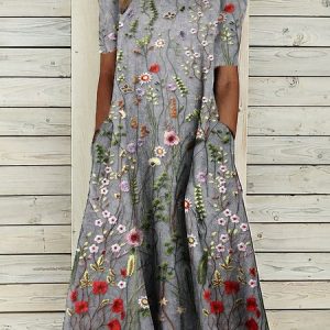 Loose Casual Printing Crew Neck Dress, Floral Dresses, color:Multicolor|size:XXL, JustFashionNow