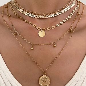 Casual Fashion Coin Chain Layered Necklace Vacation Women's Jewelry, Necklaces, color:Golden|size:One-size, JustFashionNow