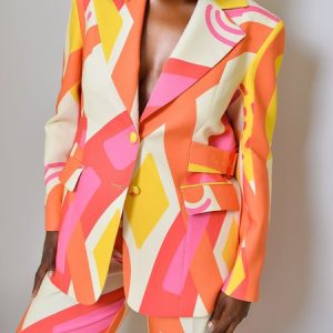 Lapel Collar Regular Fit Geometric Urban Blazer, Blazers, color:As Picture|size:XXL, Stylewe