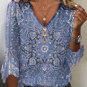 Women's Three Quarter Sleeve Tee T-shirt Spring/Fall Ethnic Jersey V Neck Daily Going Out Casual Top, JustFashionNow T-Shirts, color:Blue|size:XXL,