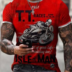 Regular Fit Casual Distressed Motorcycle Regular Sleeve Short Sleeve T-Shirt, T-Shirts, color:Red|size:3XL, JustFashionNow