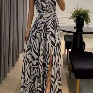 Loose Floral Vacation Asymmetrical Collar Dress, Maxi, color:Black|size:XXL, Noracora
