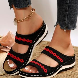Embroidered Circle Casual Strap Slippers, Sandals, color:Black|size:43, JustFashionNow