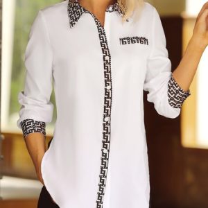 Regular Fit Geometric Shirt Collar Long sleeve Urban Blouse, Blouses and Shirts, color:White|size:XXL, Stylewe