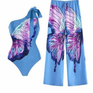 One Shoulder Vacation Butterfly Printing One Piece With Cover Up, Swimsuit with Coverups, color:Blue|size:XXL, Stylewe