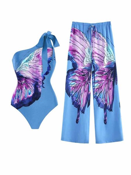One Shoulder Vacation Butterfly Printing One Piece With Cover Up, Swimsuit with Coverups, color:Blue|size:XXL, Stylewe