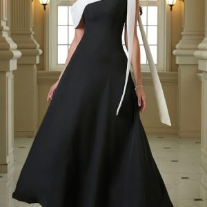 Color Block One Shoulder Elegant Wedding Guest Dress, Maxi Dresses, color:Black|size:XXL, Stylewe