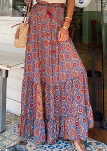 Boho Floral A-Line Mid Waist Maxi Skirt, Skirts, color:Brown|size:XL, Noracora
