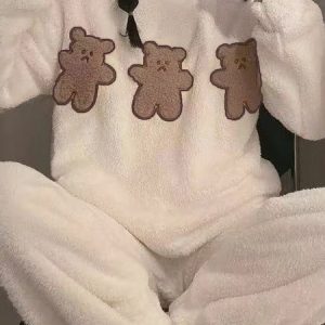 Flannel Cute Cartoon Bear Pajamas Long Sleeve Pants Loungewear Set Plus Size, Loungewear & Sleepwear, color:Color4|size:XXL, JustFashionNow