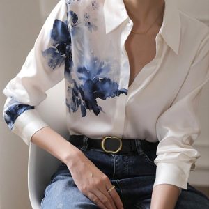 Elegant Floral Printed Long Sleeve Blouse, Blouses and Shirts, color:White|size:XXL, Stylewe