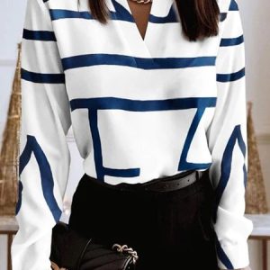 Urban V Neck Geometric Loose Blouse, Blouses and Shirts, color:White|size:XXL, Stylewe