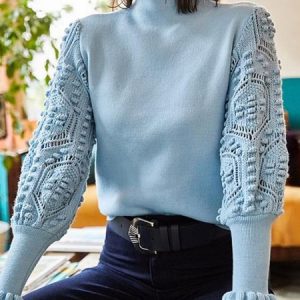 High Neck Long Sleeve Vintage Sweater, Sweaters, color:Blue|size:XXL, JustFashionNow