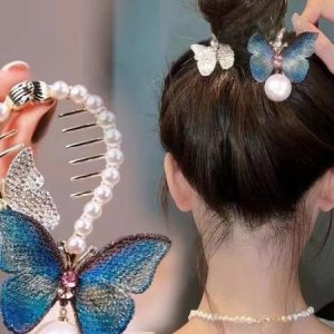 Women's Hand Embroidered Butterfly Pearl Ponytail Clip, Hair Accs, color:Blue|size:One-size, Noracora