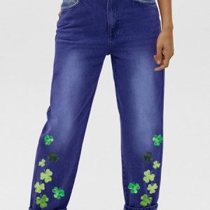 Women's St. Patrick's Day Denim Casual Loose Jeans, color:Blue|size:3XL, Lilicloth.com