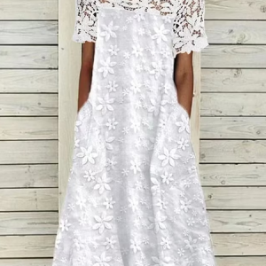 Cotton-Blend Linen Floral Dress, Midi, color:White|size:XXL, catalog Noracora shop