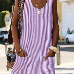 Women Crew Neck Shift Daily Boho Pockets Striped Dress, Short, color:Deep Pink|size:XXL, catalog Noracora shop