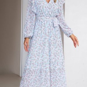 Women Small Floral V Neck Long Sleeve Comfy Vacation Maxi Dress, Maxi, color:Sky Blue|size:XL, Noracora