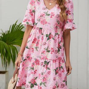 Printing Petal Sleeve V Neck Vacation Floral Dress, Dresses, color:Pink|size:XXL, JustFashionNow