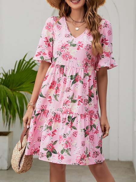 Printing Petal Sleeve V Neck Vacation Floral Dress, Dresses, color:Pink|size:XXL, JustFashionNow