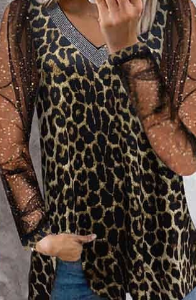 V Neck Long Sleeve Plain Mesh Regular Micro-Elasticity Loose Shirt For Women, Blouses, color:Leopard|size:XXL, Noracora