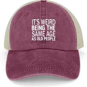 Men's Funny It’s Weird Being The Same Age As Old People Text Letters Washed Mesh Back Baseball Cap, color:Wine Red|size:One-size, Lilicloth.com