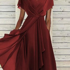 V Neck Elegant Chiffon Plain Dress, Formal Dresses, color:Red|size:XXL, JustFashionNow