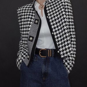 Long sleeve Loose Houndstooth Stand Collar Jacket, Jackets, color:Black-white|size:XXL, Stylewe