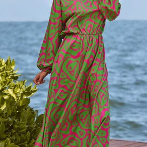 Regular Fit Green Long sleeve Lantern Sleeve Vacation Dress, Dresses, color:Green|size:XS, Stylewe
