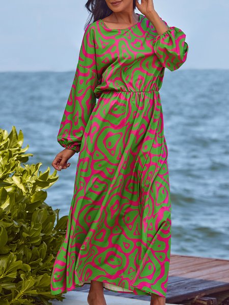 Regular Fit Green Long sleeve Lantern Sleeve Vacation Dress, Dresses, color:Green|size:XS, Stylewe