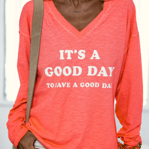 V Neck Regular Fit Casual Text Letters Shirt, Shirts & Blouses, color:Orange|size:XXL, JustFashionNow
