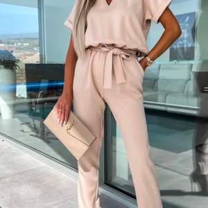Plain Crew Neck Elegant Loose Jumpsuit, Jumpsuits＆Rompers, color:Apricot|size:XXL, JustFashionNow