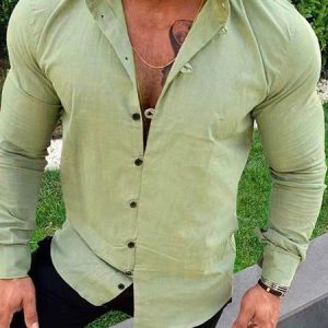 Regular Sleeve Plain Regular Fit Casual Stand Collar Shirt, Shirts ＆ Blouse, color:Green|size:3XL, JustFashionNow