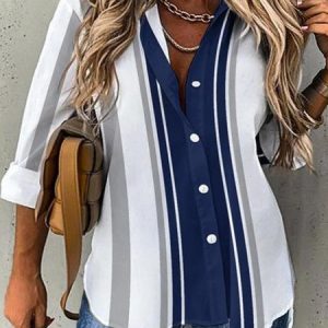 Plus Size Loose Shirt Collar Striped Casual Blouse, Shirts & Blouses, color:white-blue|size:4X, JustFashionNow