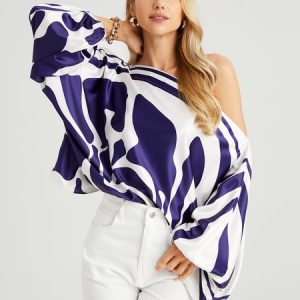 Stylewe Geometric  Print Urban Boat Neck Blouse, Blouses and Shirts, color:Blue|size:XS, Stylewe