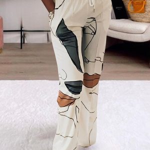 Casual Abstract Print Straight Pants, Pants, color:White|size:XXL, Stylewe