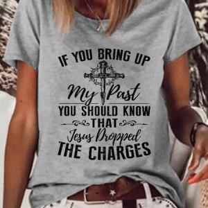 Women's I Believe In God Text Letters Casual Loose Cotton-Blend T-Shirt, color:Gray|size:3XL, Lilicloth.com