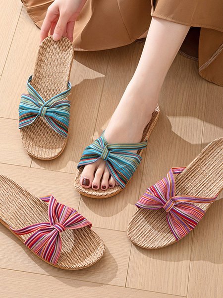 Color Striped Bow Knot Cushioning Rebound Linen Home Slippers, Slippers, color:Cyan|size:39, JustFashionNow