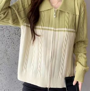 Women Yarn/Wool Yarn Color Block Long Sleeve Comfy Casual Zipper Cardigan, Cardigans, color:Green|size:XXL, Noracora