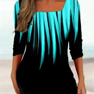 Casual Abstract Square Neck Long Sleeve T-shirt, T-shirts, color:Black|size:XXL, Noracora