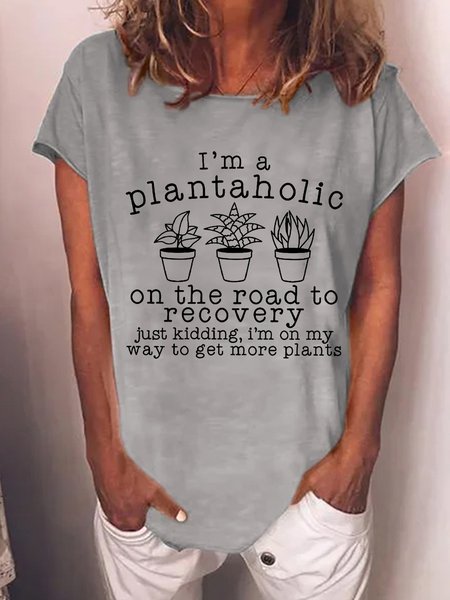 Women's Funny Plantaholic Gardener Plant Lover Loose Crew Neck Casual T-Shirt, color:Gray|size:3XL, Lilicloth.com