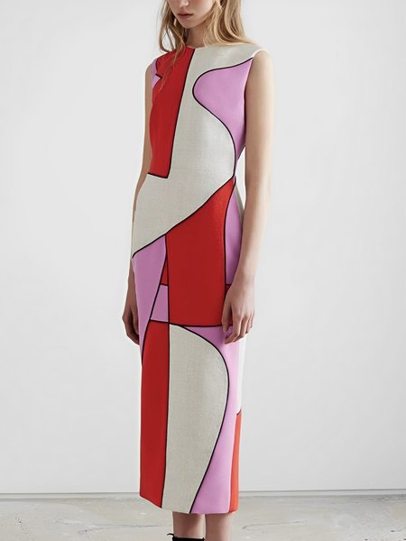 Daily Elegant Geometric Crew Neck Dress, Maxi Dresses, color:Pink|size:XXL, Stylewe